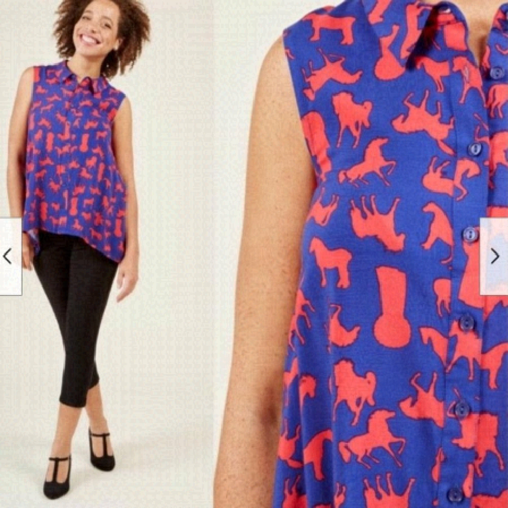 Modcloth Horse Print Sleeveless Red Blue Button Up Blouse Top Women's sz M